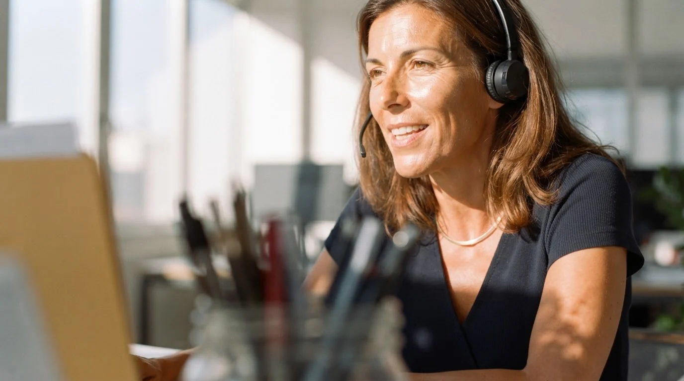 Une conseillère, un casque sur les oreilles, assise à son bureau, en pleine conversation téléphonique dans un bureau baigné de soleil
