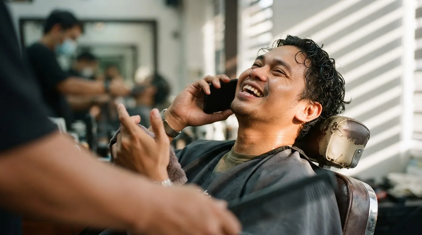 Un homme qui rit au téléphone, assis dans le fauteuil d'un coiffeur ; à côté de lui, le coiffeur fait des gestes au milieu de la conversation
