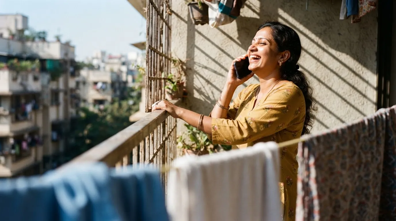 Une femme qui rit au téléphone sur son balcon, devant elle, du linge suspendu à la corde à linge