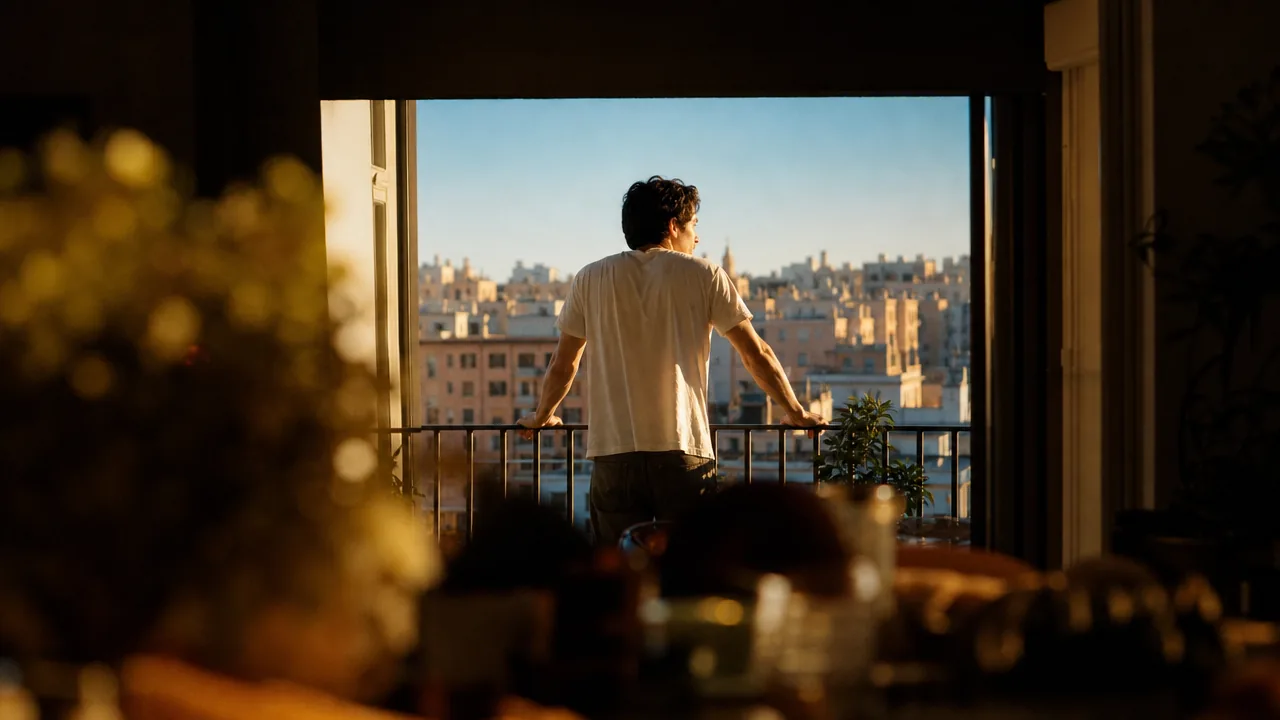 Un homme sur le balcon d'un appartement à l'heure dorée, contemplant la ville
