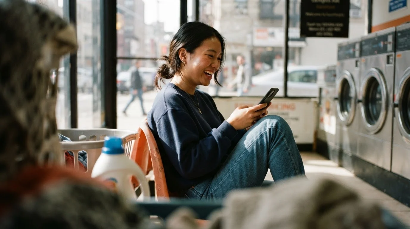 Une assurée souriant à son téléphone alors qu'elle attend dans une laverie automatique