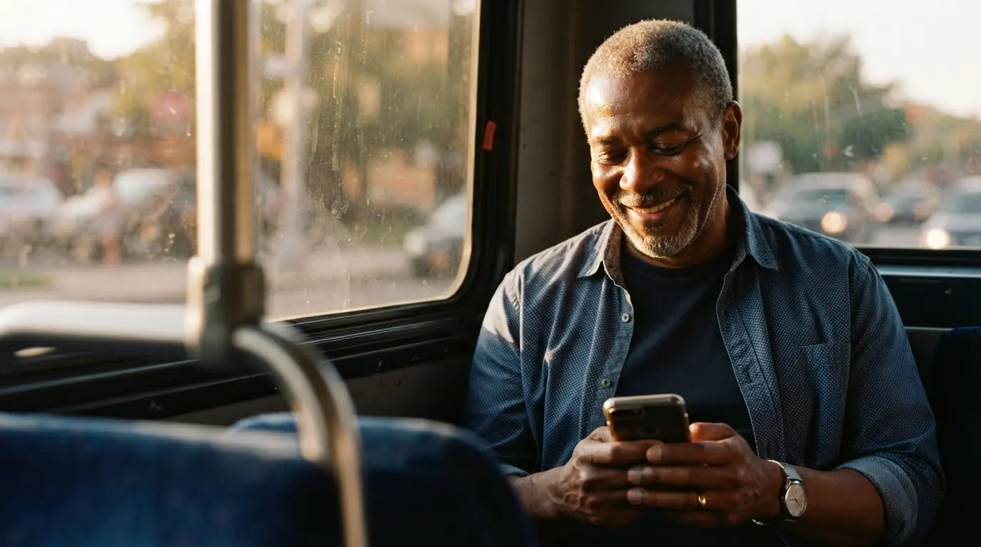 Un homme souriant devant son téléphone dans un bus baigné de soleil, la circulation urbaine défilant derrière lui à travers la vitre