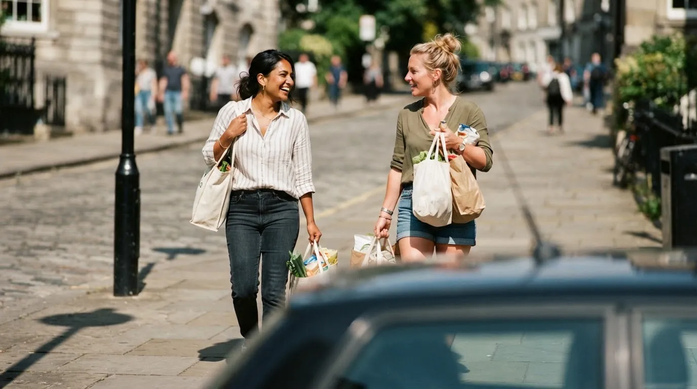 Deux amis qui remontent une rue ensoleillée, des sacs de courses à la main, en pleine conversation