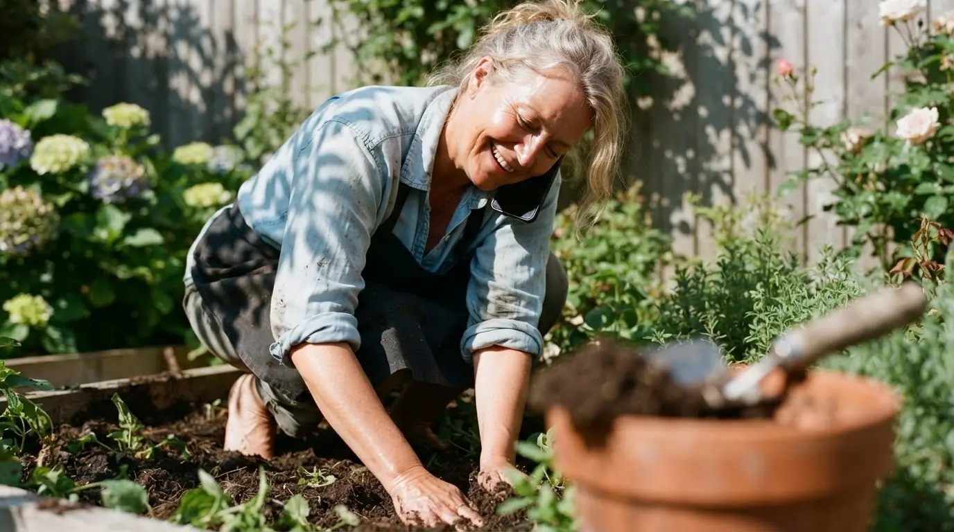 Une femme agenouillée dans un jardin baigné de soleil, en train de planter dans un pot en terre cuite