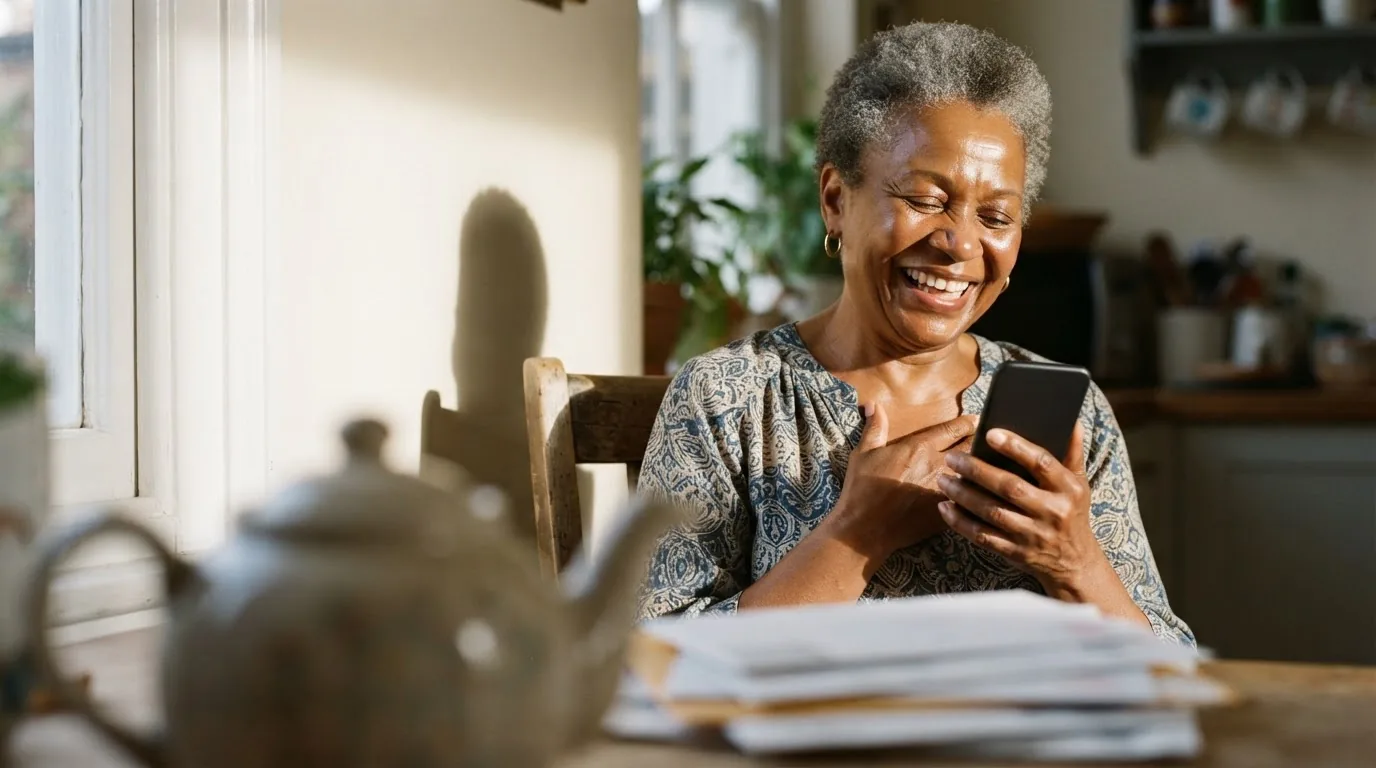 Une femme d'une soixantaine d'années qui rit en regardant son téléphone, assise à une table de cuisine baignée de soleil, avec une pile de courrier devant elle
